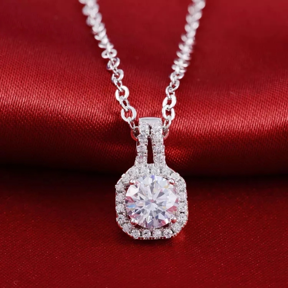 New Silver Hexagon Round Diamond Necklace - Picture 1 of 4